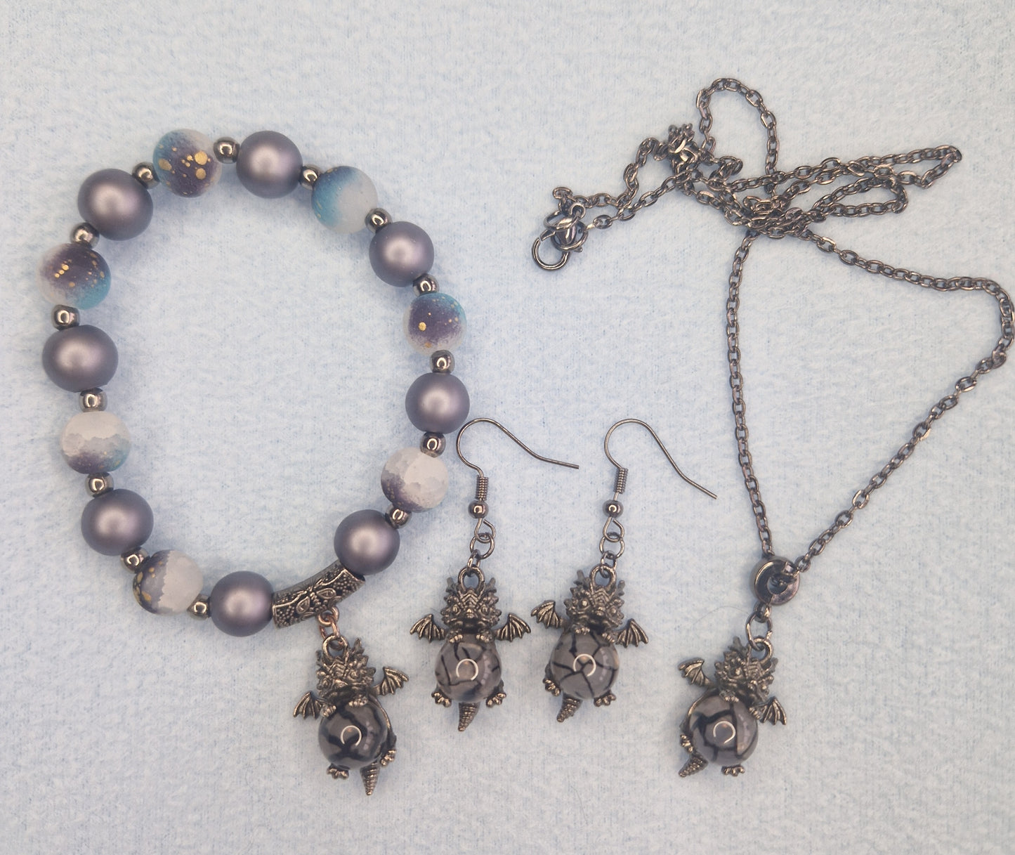Baby dragon set necklace, bracelet and earrings